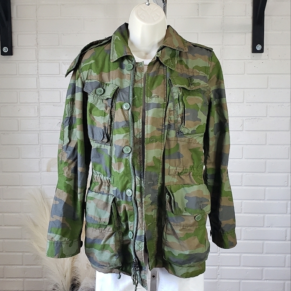 J. Crew Oversized Camo Military Utility Jacket size Xtra Small Green and Brown